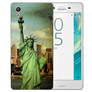 Sony Xperia X TPU Silikon Cover Tasche mit Freiheitsstatue Fotodruck 