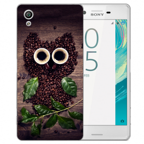 Sony Xperia X Hülle Silikon Handy Schutz TPU mit Fotodruck Kaffee Eule 