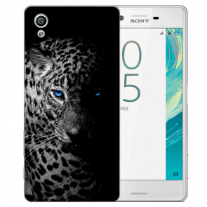 Sony Xperia X Silikon Hülle mit Fotodruck Leopard mit blauen Augen