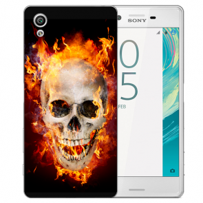 Sony Xperia XA Ultra Silikon Hülle mit Fotodruck Totenschädel Feuer