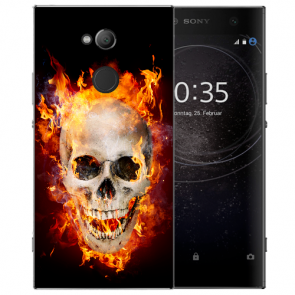 Sony Xperia L2 Handy Hülle Silikon TPU mit Fotodruck Totenschädel Feuer