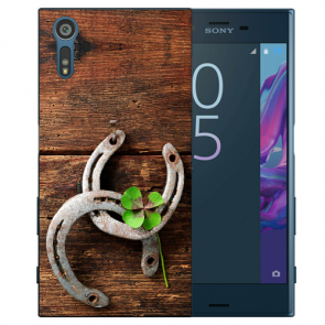 Sony Xperia XZ Silikon TPU Handy Hülle mit Fotodruck Holz hufeisen 