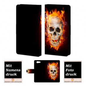 Sony Xperia Z4 Mini Handy Tasche mit Totenschädel - Feuer Bild Druck Etui