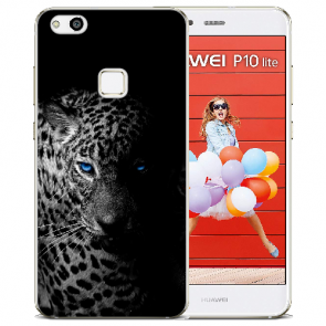 Huawei P10 Lite Silikon Hülle mit Bilddruck Leopard mit blauen Augen