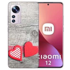 Silikon Handycover TPU Case für Xiaomi 12 (5G) Bilddruck Herzen auf Holz