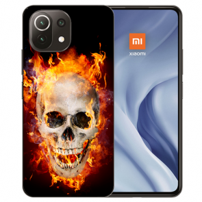 Handy Hülle Silikon TPU für Xiaomi Mi 11 mit Fotodruck Totenschädel Feuer